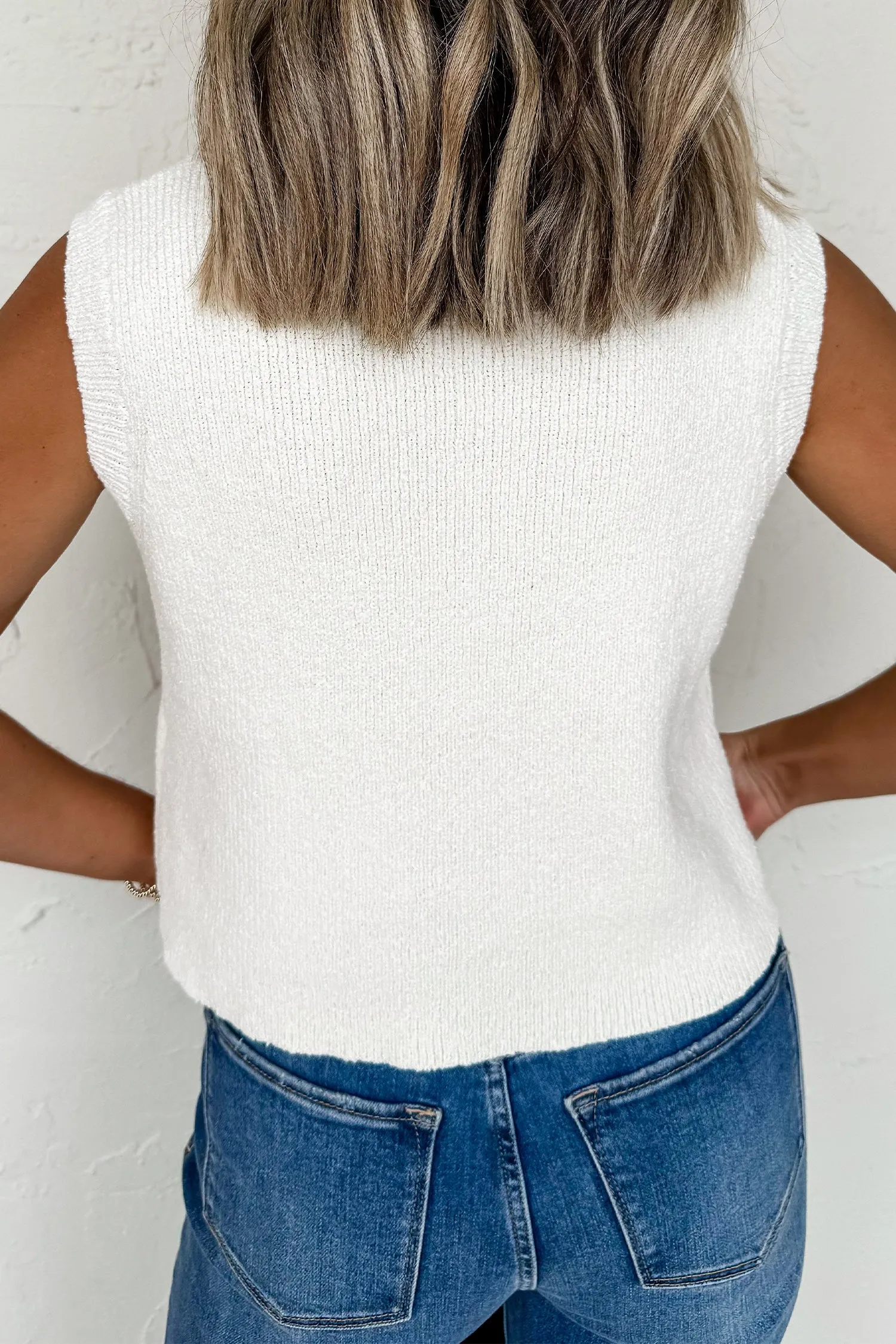 White Sleeveless Knit Button Pocketed Sweater sold by Beagle Boutique product image thumbnail 2