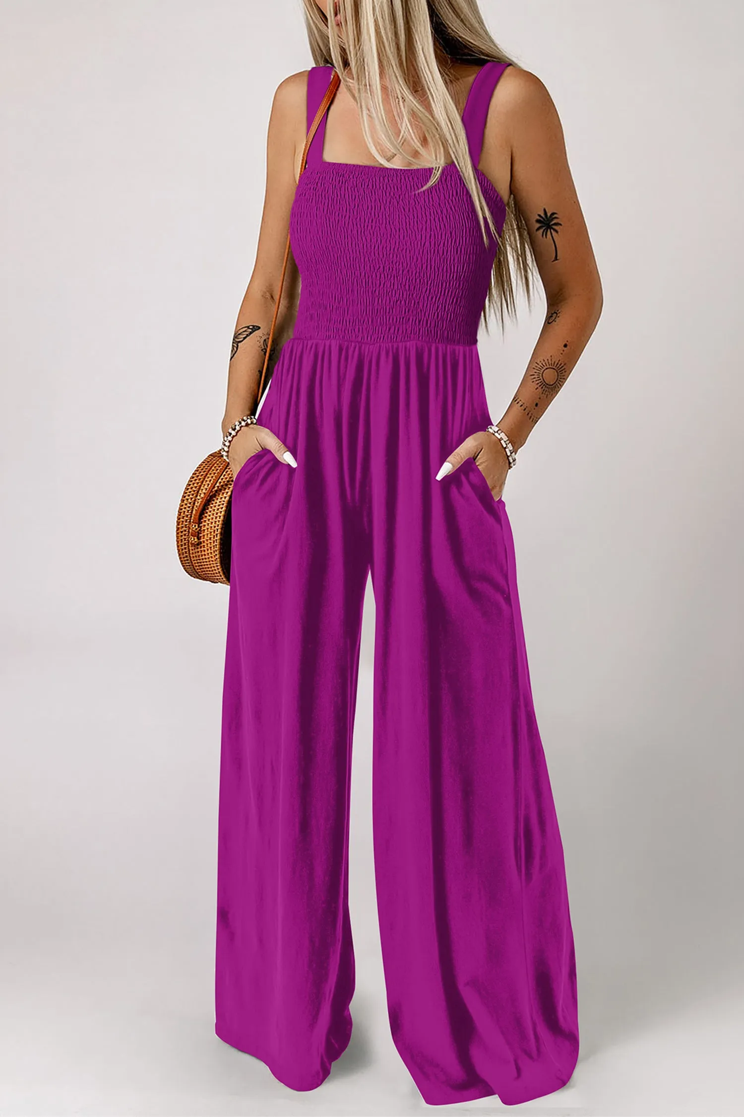 Smocked Square Neck Sleeveless Wide Leg Jumpsuit with Pockets sold by Beagle Boutique