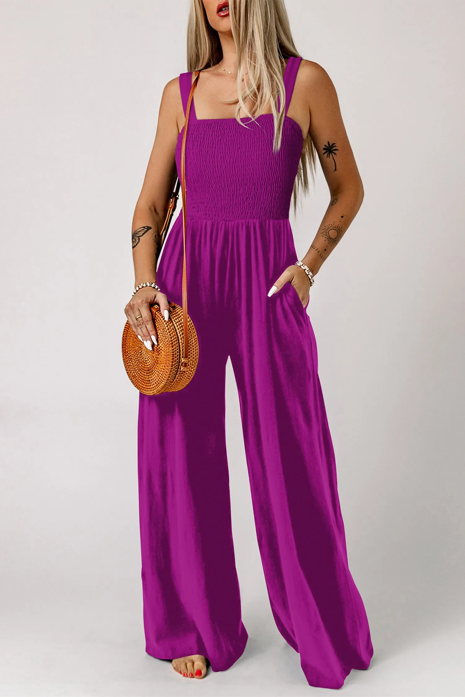 Smocked Square Neck Sleeveless Wide Leg Jumpsuit with Pockets sold by Beagle Boutique product image thumbnail 4
