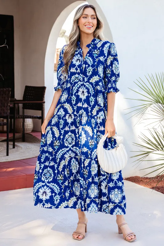 Wild Floral Print Frilled Collar Half Sleeve Long Dress made by eAura