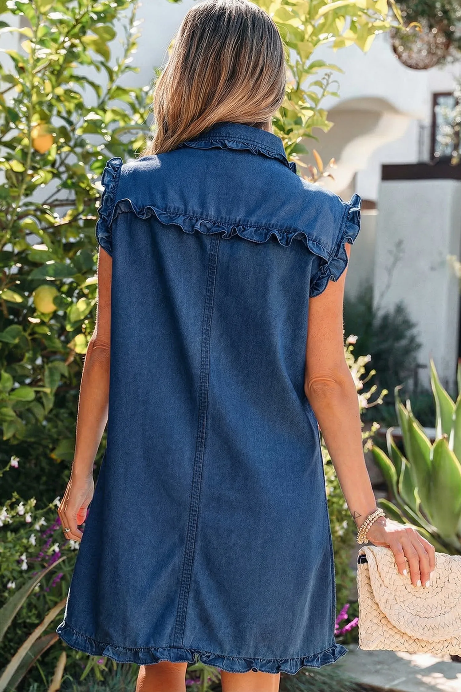Ruffled Edge Collared Shift Denim Dress with Pockets sold by Beagle Boutique product image thumbnail 2