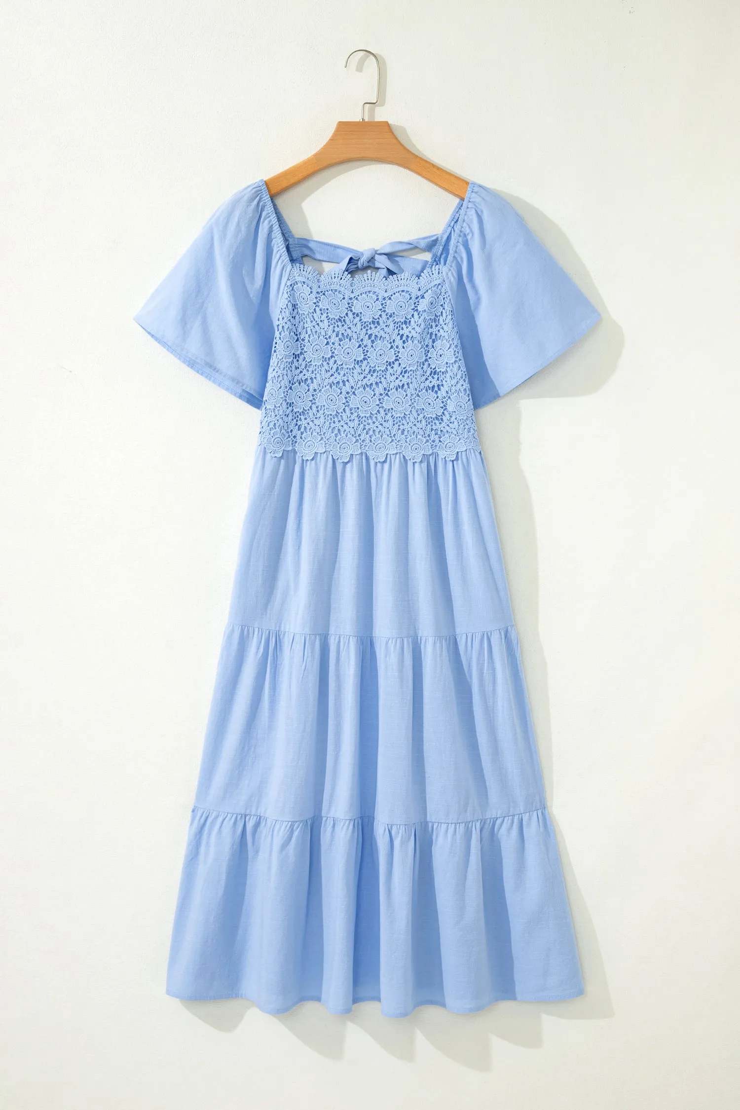 Flowy Short Sleeve Lace Detail Square Neck Tiered Midi Dress sold by Beagle Boutique product image thumbnail 5