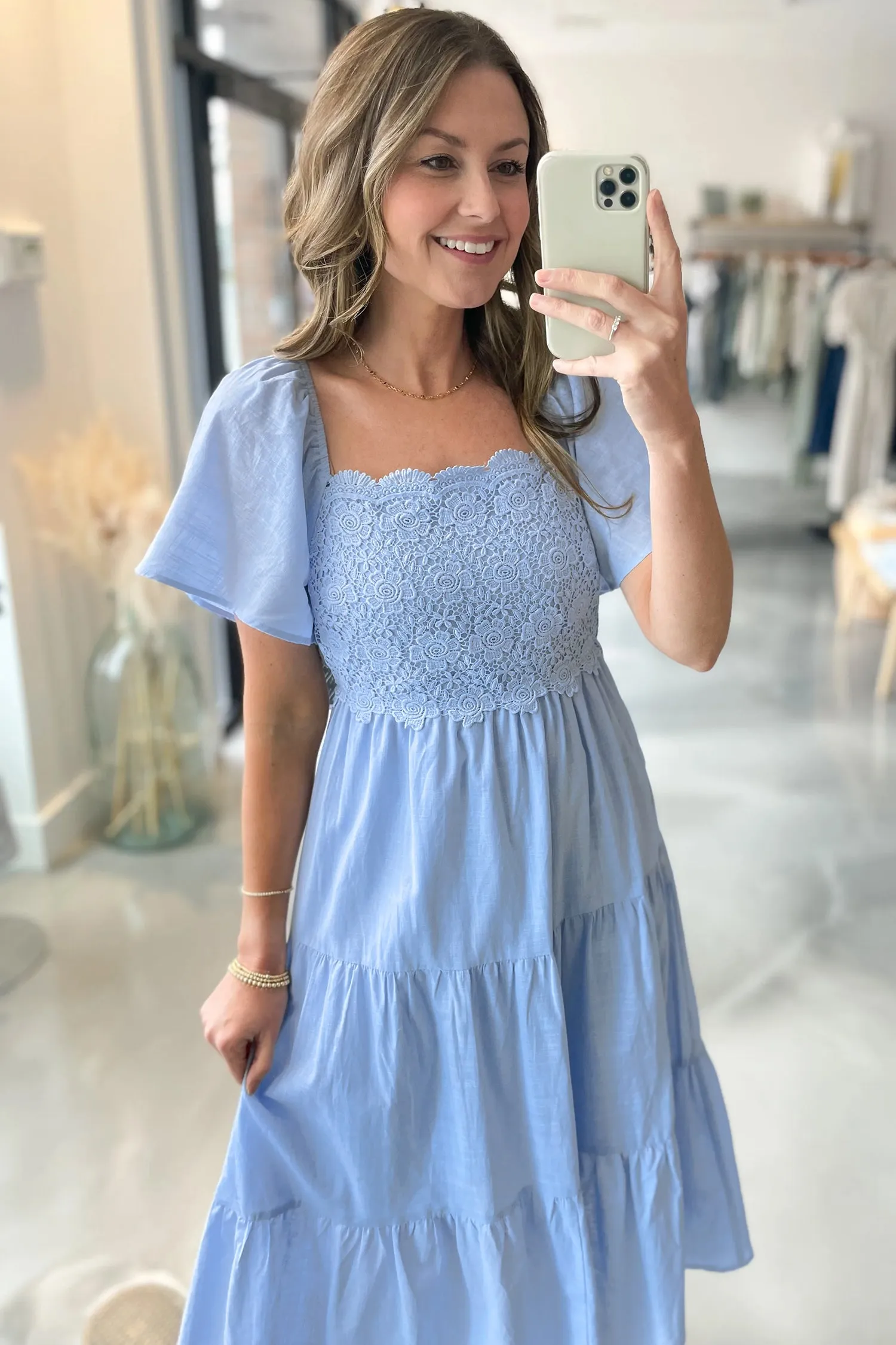Flowy Short Sleeve Lace Detail Square Neck Tiered Midi Dress sold by Beagle Boutique product image thumbnail 3