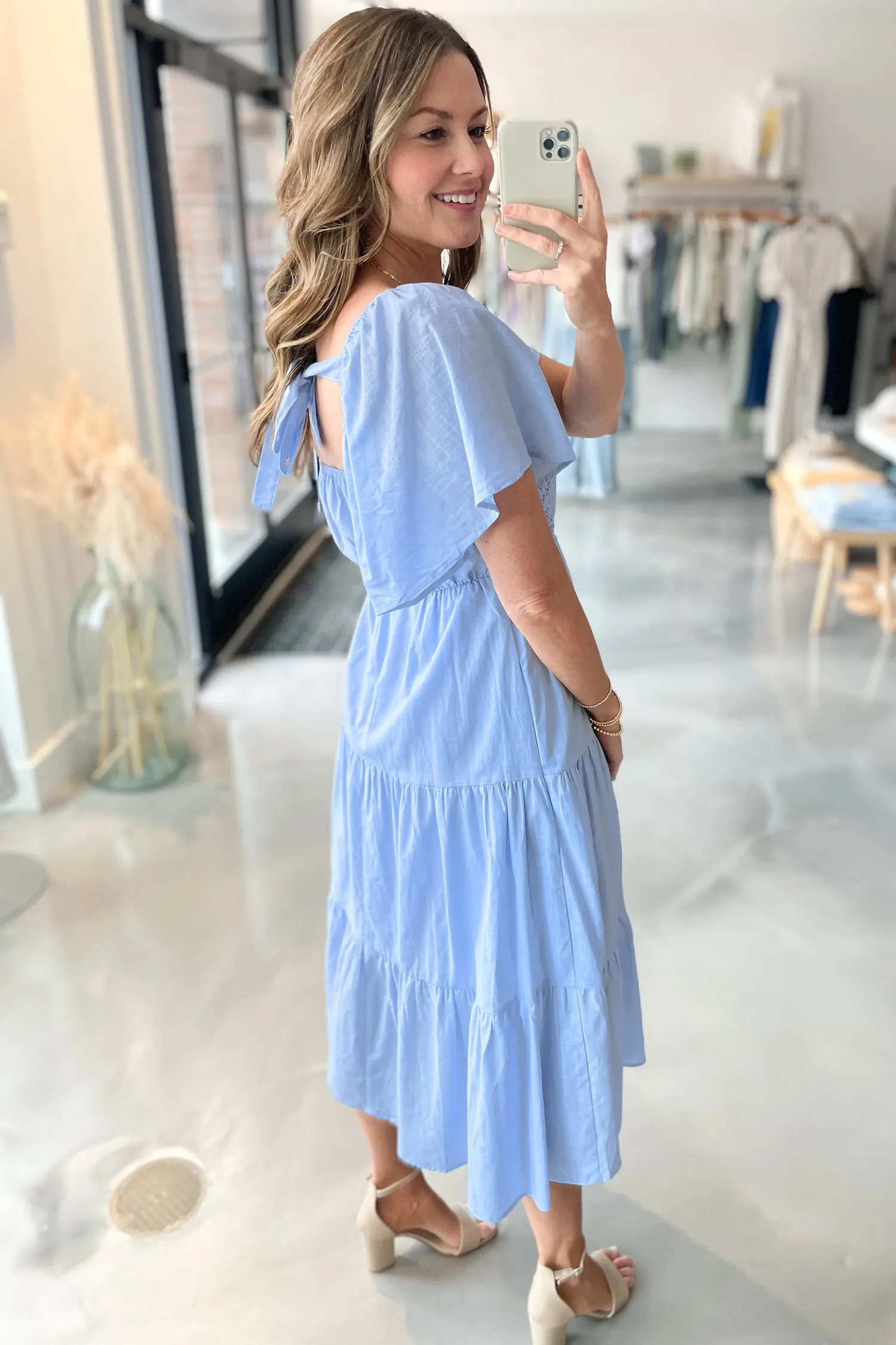 Flowy Short Sleeve Lace Detail Square Neck Tiered Midi Dress sold by Beagle Boutique product image thumbnail 2
