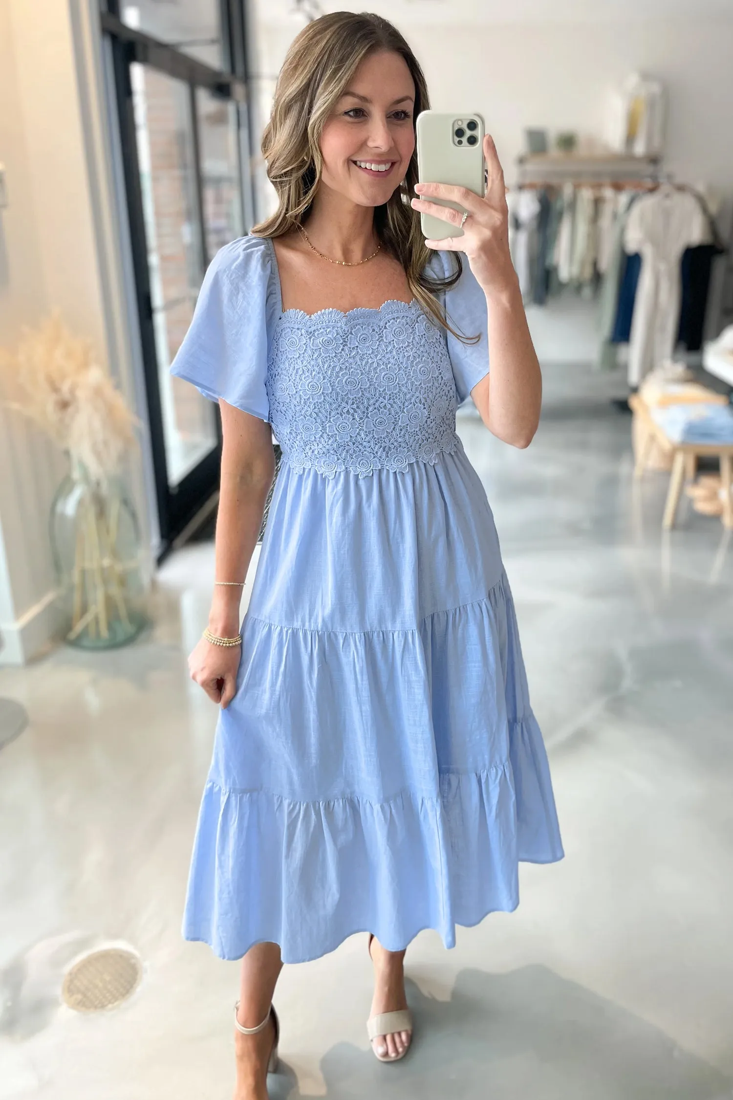 Flowy Short Sleeve Lace Detail Square Neck Tiered Midi Dress sold by Beagle Boutique product image thumbnail 4