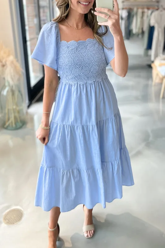 Flowy Short Sleeve Lace Detail Square Neck Tiered Midi Dress made by eAura