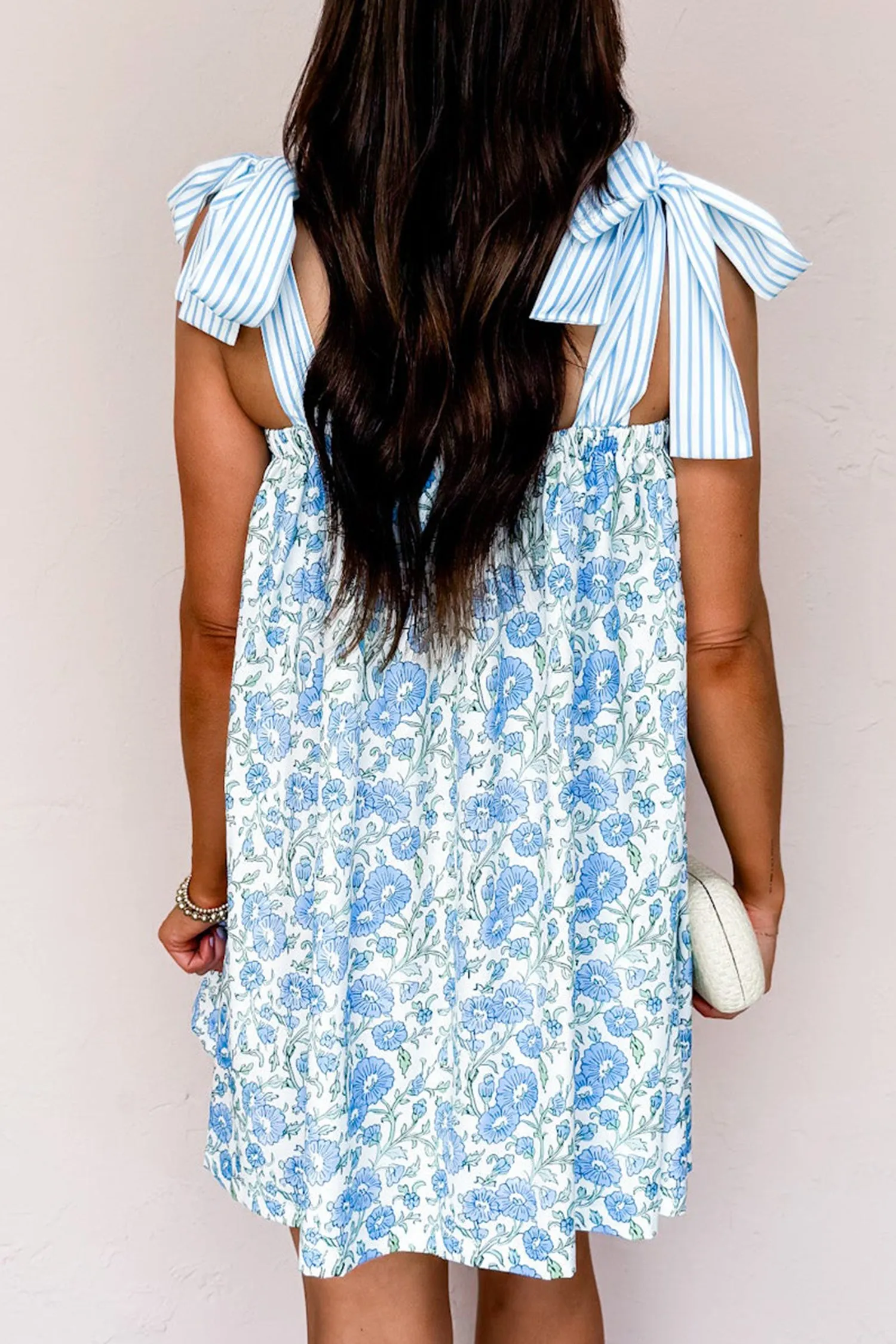 Floral Print Striped Patchwork Bow Knot Strap Mini Dress sold by Beagle Boutique product image thumbnail 2