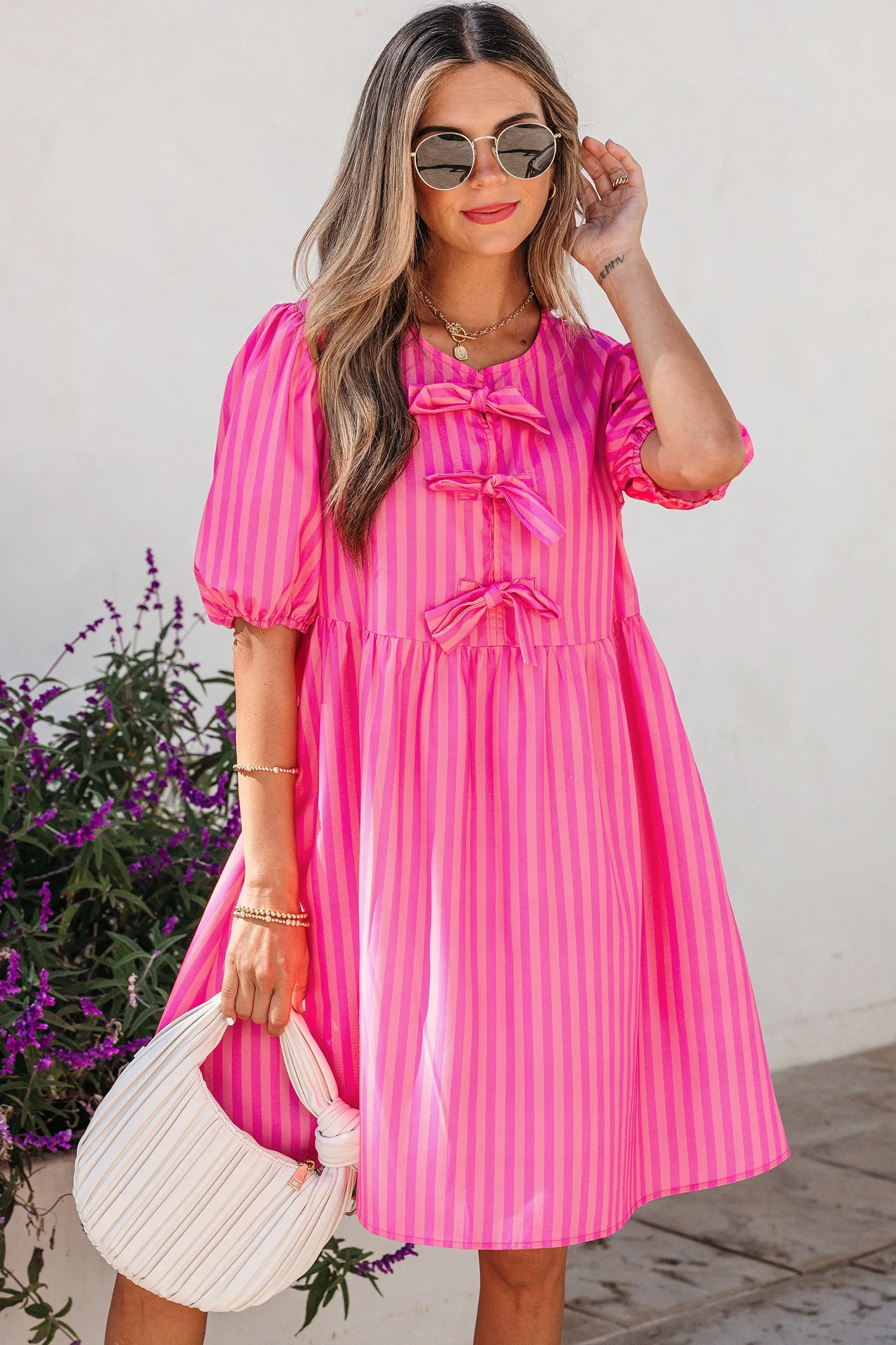 Striped Print Bow Detail Short Puff Sleeve Mini Dress sold by Beagle Boutique