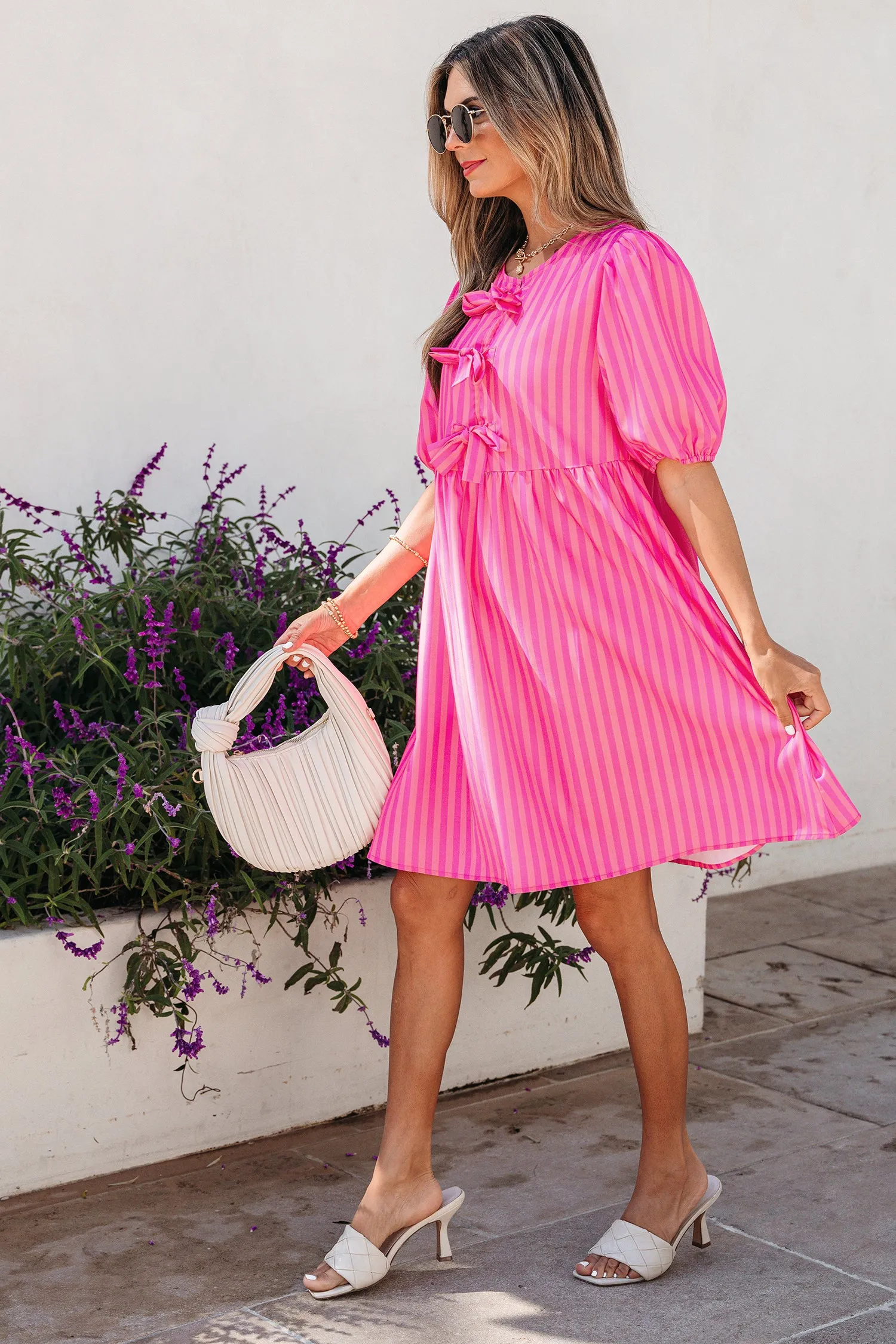 Striped Print Bow Detail Short Puff Sleeve Mini Dress sold by Beagle Boutique product image thumbnail 3