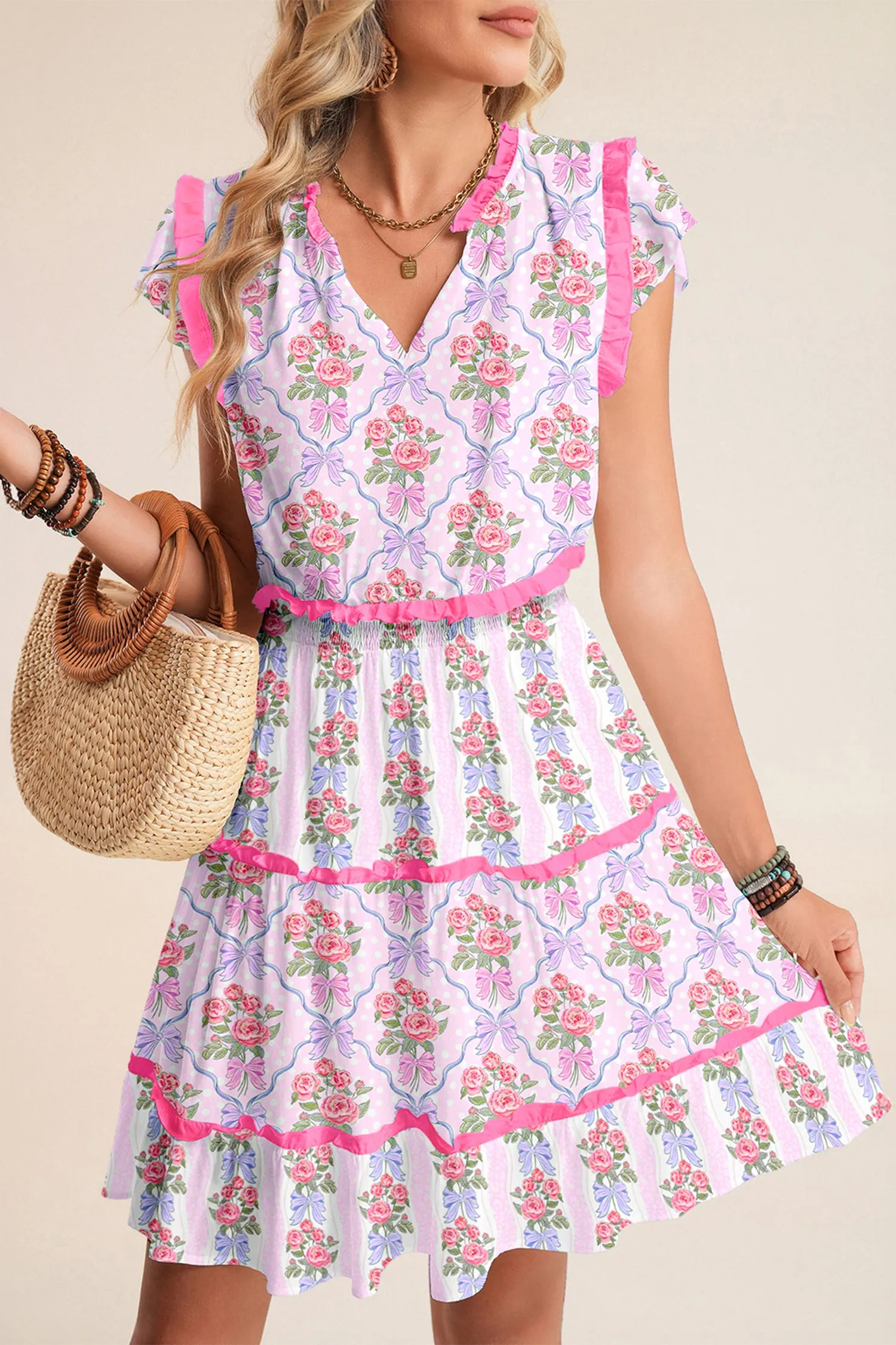 Tiered Ruffle Floral Print Shirred Waist Sleeveless Mini Dress sold by Beagle Boutique product image thumbnail 2