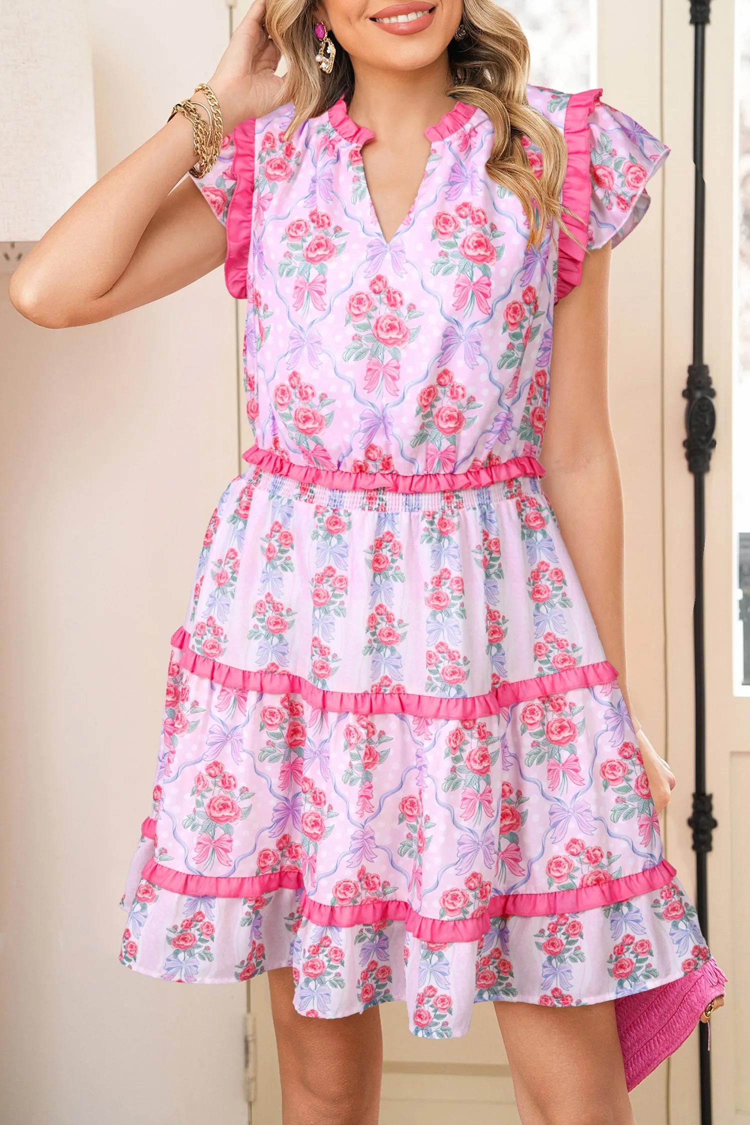 Tiered Ruffle Floral Print Shirred Waist Sleeveless Mini Dress sold by Beagle Boutique
