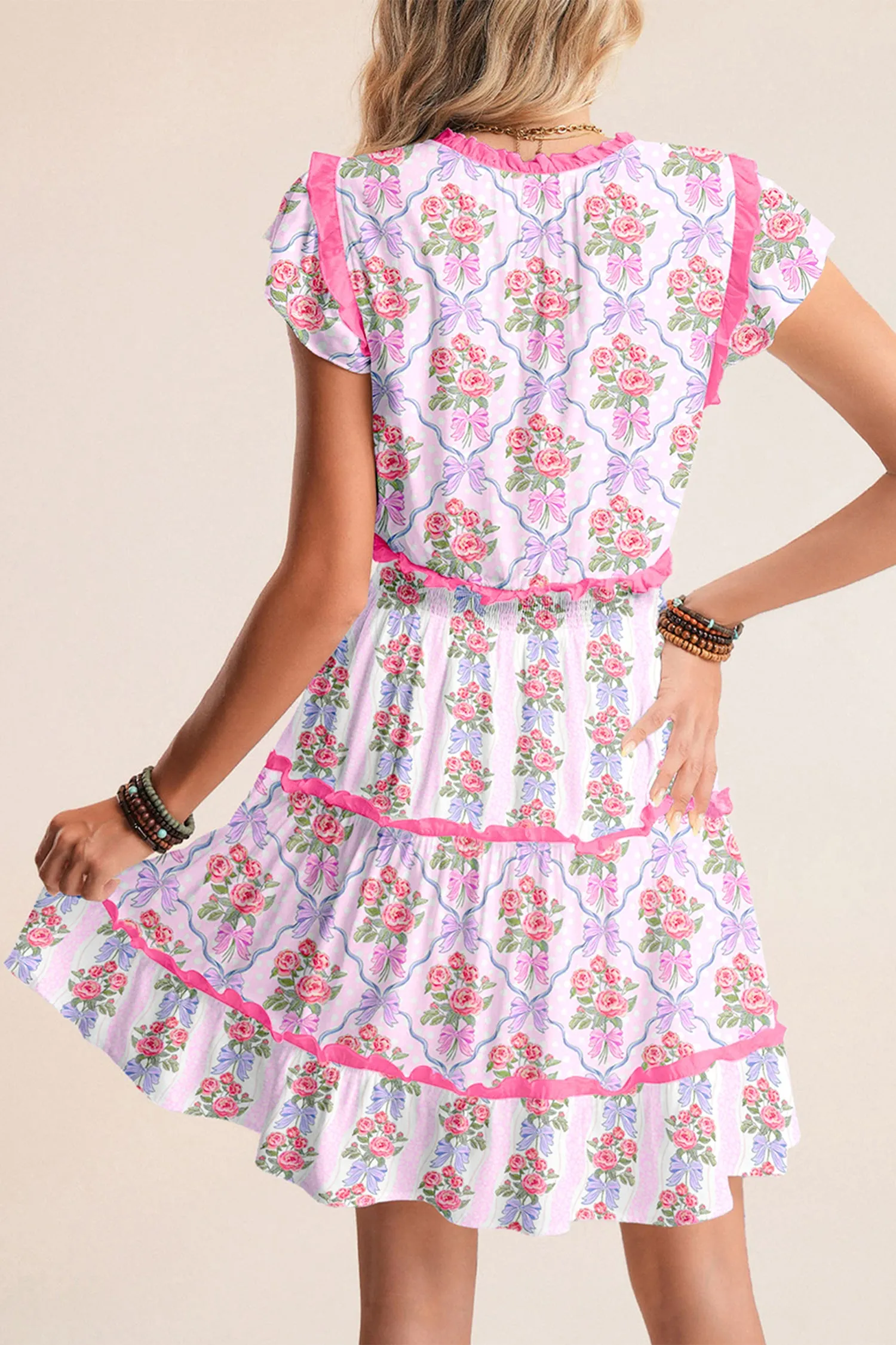 Tiered Ruffle Floral Print Shirred Waist Sleeveless Mini Dress sold by Beagle Boutique product image thumbnail 4