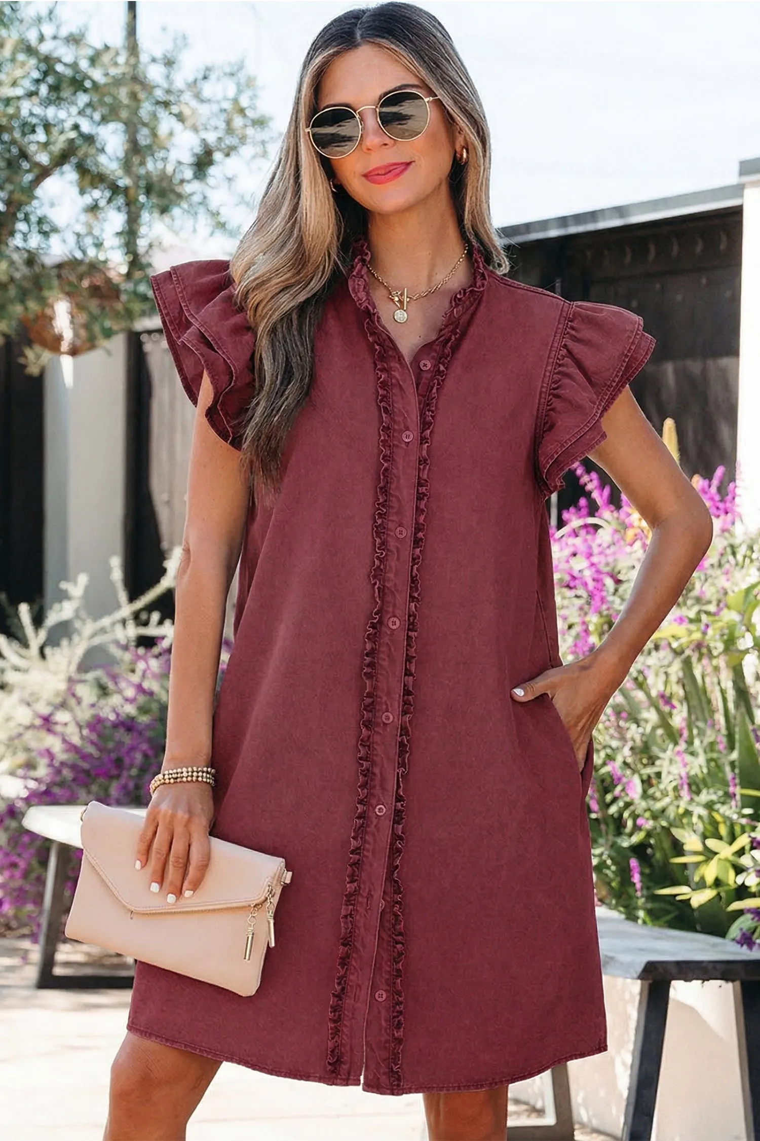 Frilled Detail Button Down Ruffle Short Sleeve Denim Mini Dress sold by Beagle Boutique