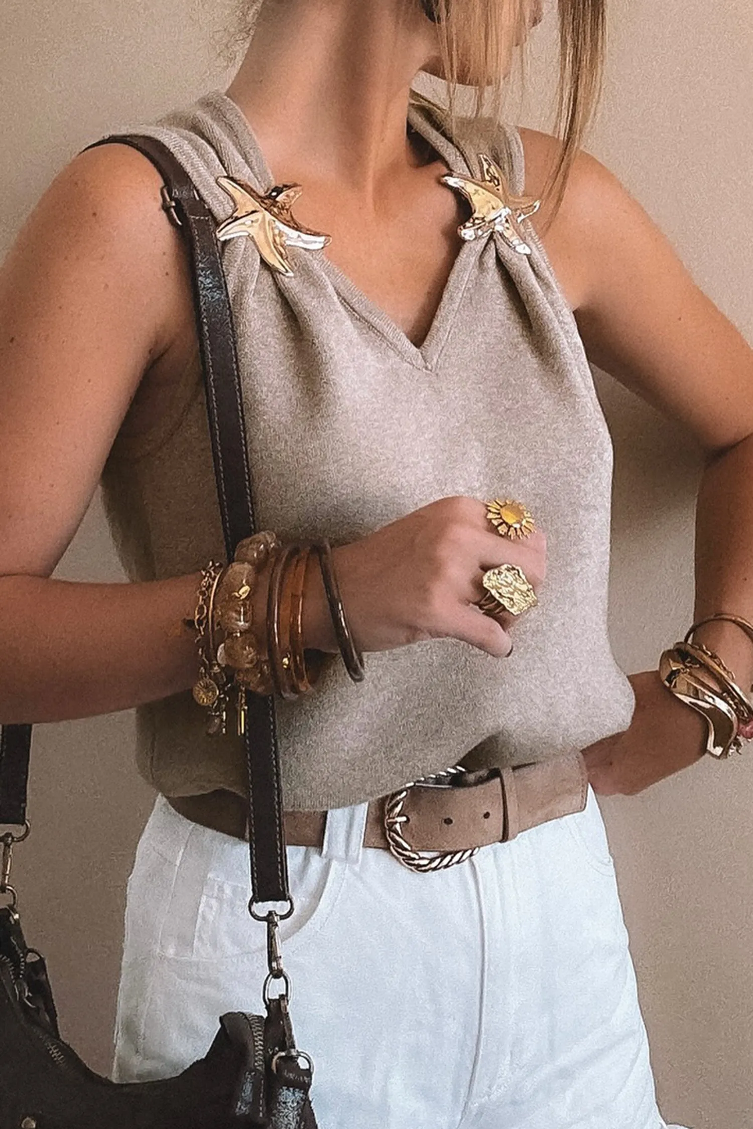 Taupe Metallic Star Detail V-Neck Sweater Knit Tank Top sold by Beagle Boutique product image thumbnail 3