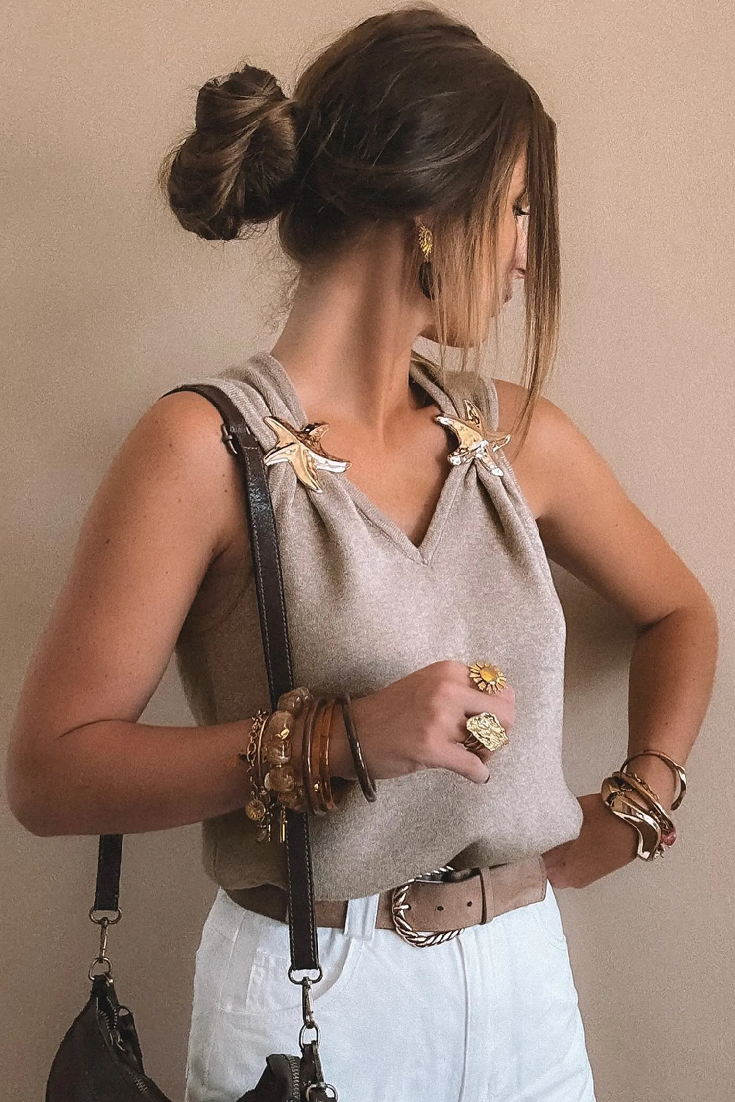 Taupe Metallic Star Detail V-Neck Sweater Knit Tank Top sold by Beagle Boutique product image thumbnail 2