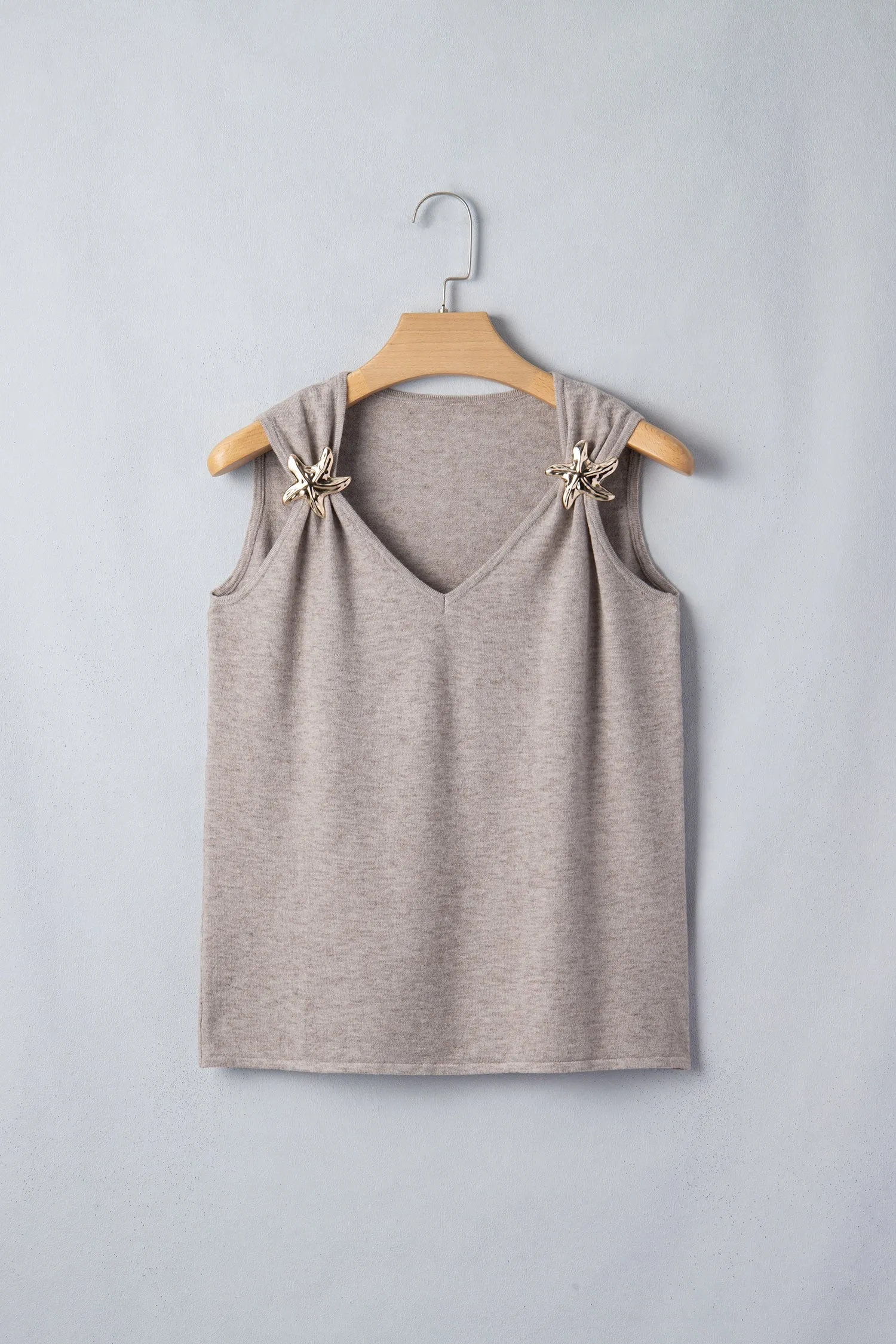 Taupe Metallic Star Detail V-Neck Sweater Knit Tank Top sold by Beagle Boutique product image thumbnail 4