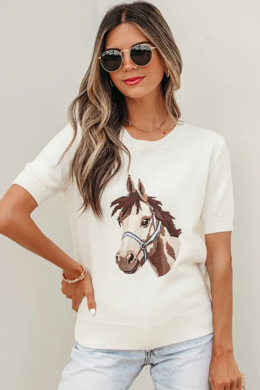 White Wild West Horse Head Print Short Sleeve Sweater made by eAura