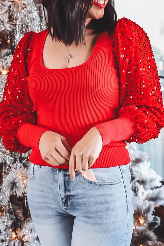 Sequin Sleeve Patchwork Ribbed Square Neck Sweater made by Beagle Boutique
