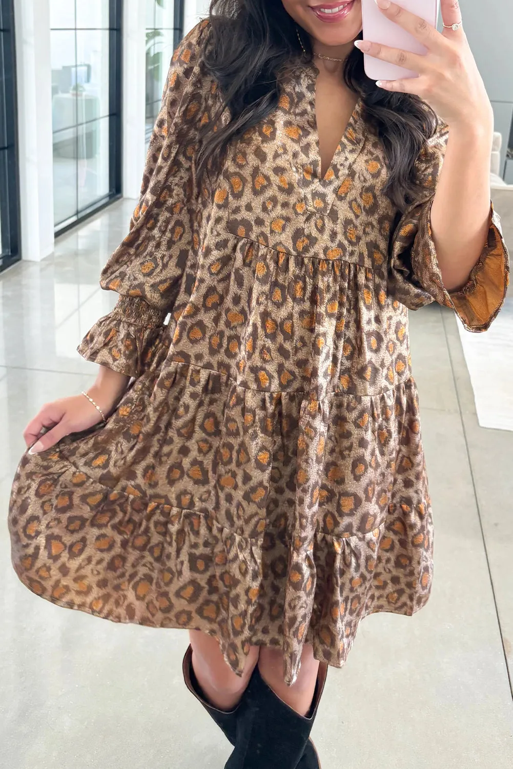 Khaki Leopard Print V-Neck Ruffled Sleeve Tiered Loose Mini Dress sold by Beagle Boutique product image thumbnail 2