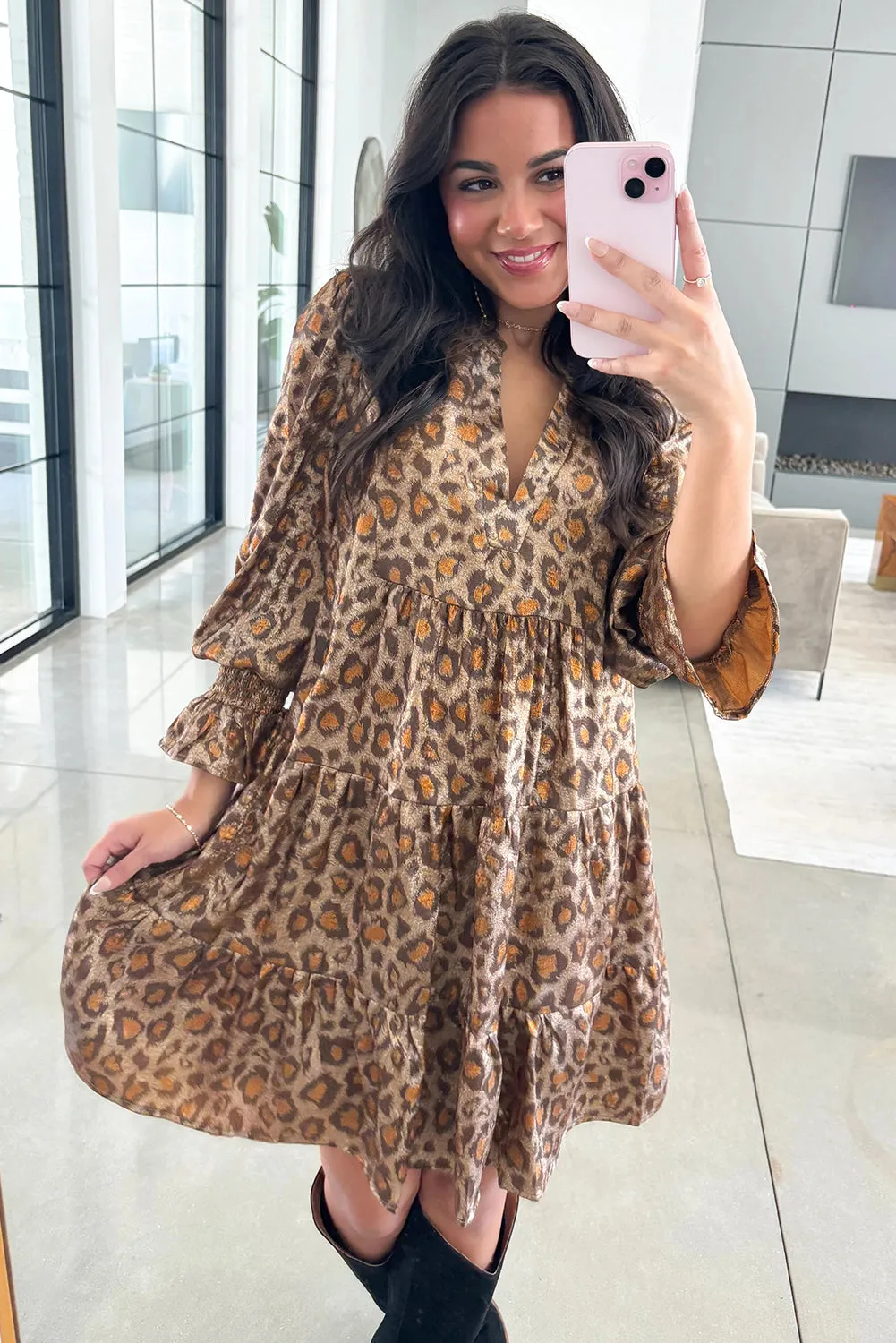 Khaki Leopard Print V-Neck Ruffled Sleeve Tiered Loose Mini Dress sold by Beagle Boutique product image thumbnail 4