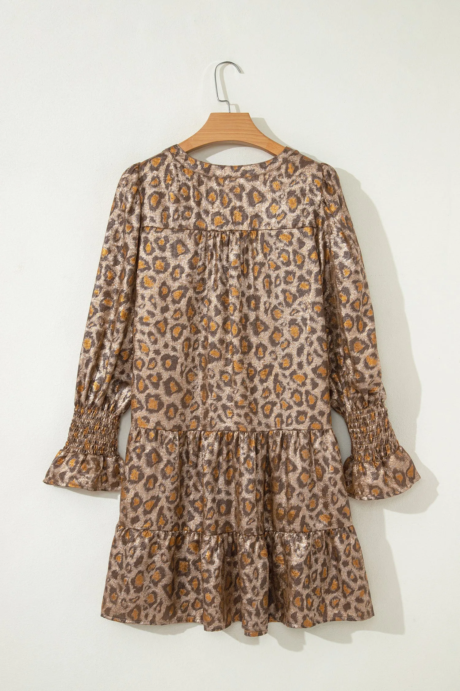 Khaki Leopard Print V-Neck Ruffled Sleeve Tiered Loose Mini Dress sold by Beagle Boutique product image thumbnail 5