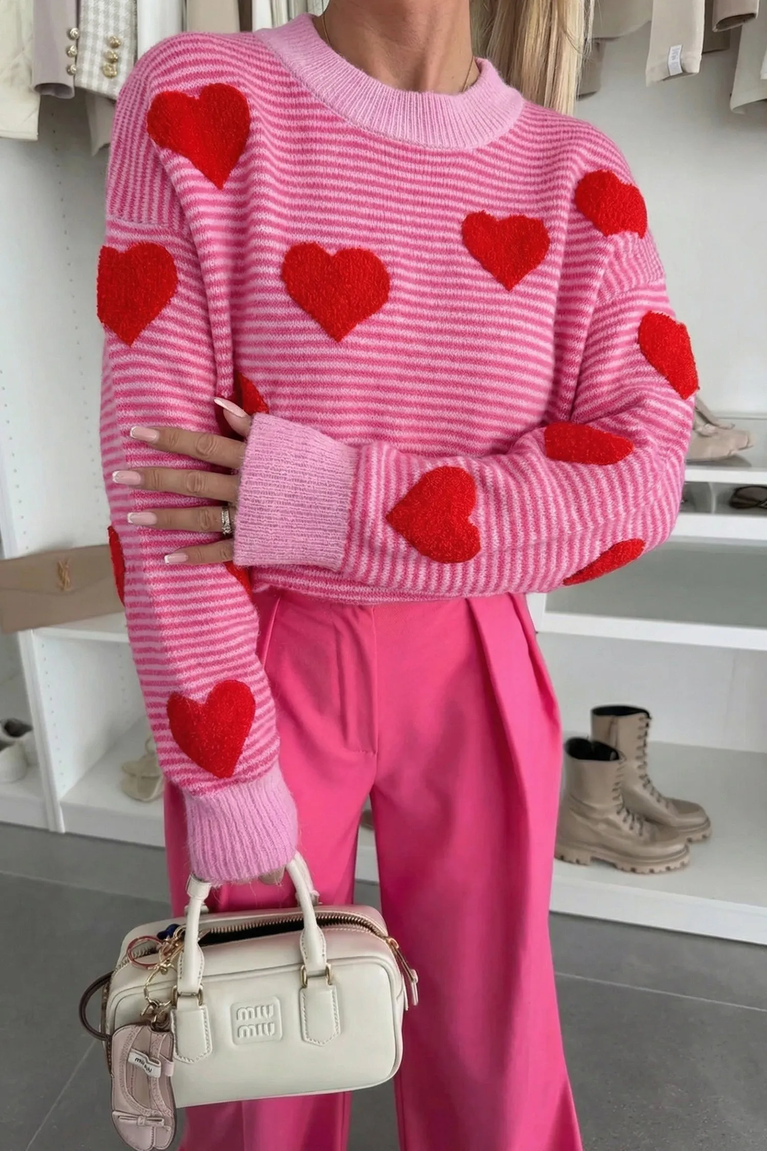 Stripe Contrast Heart Pattern Valentine Knit Sweater sold by Beagle Boutique product image thumbnail 5