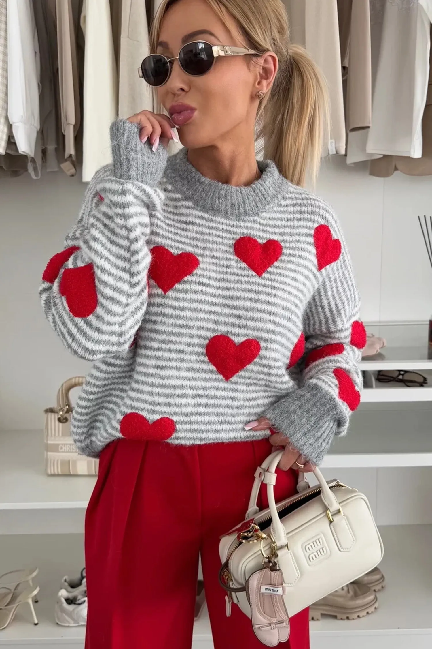 Stripe Contrast Heart Pattern Valentine Knit Sweater sold by Beagle Boutique product image thumbnail 3