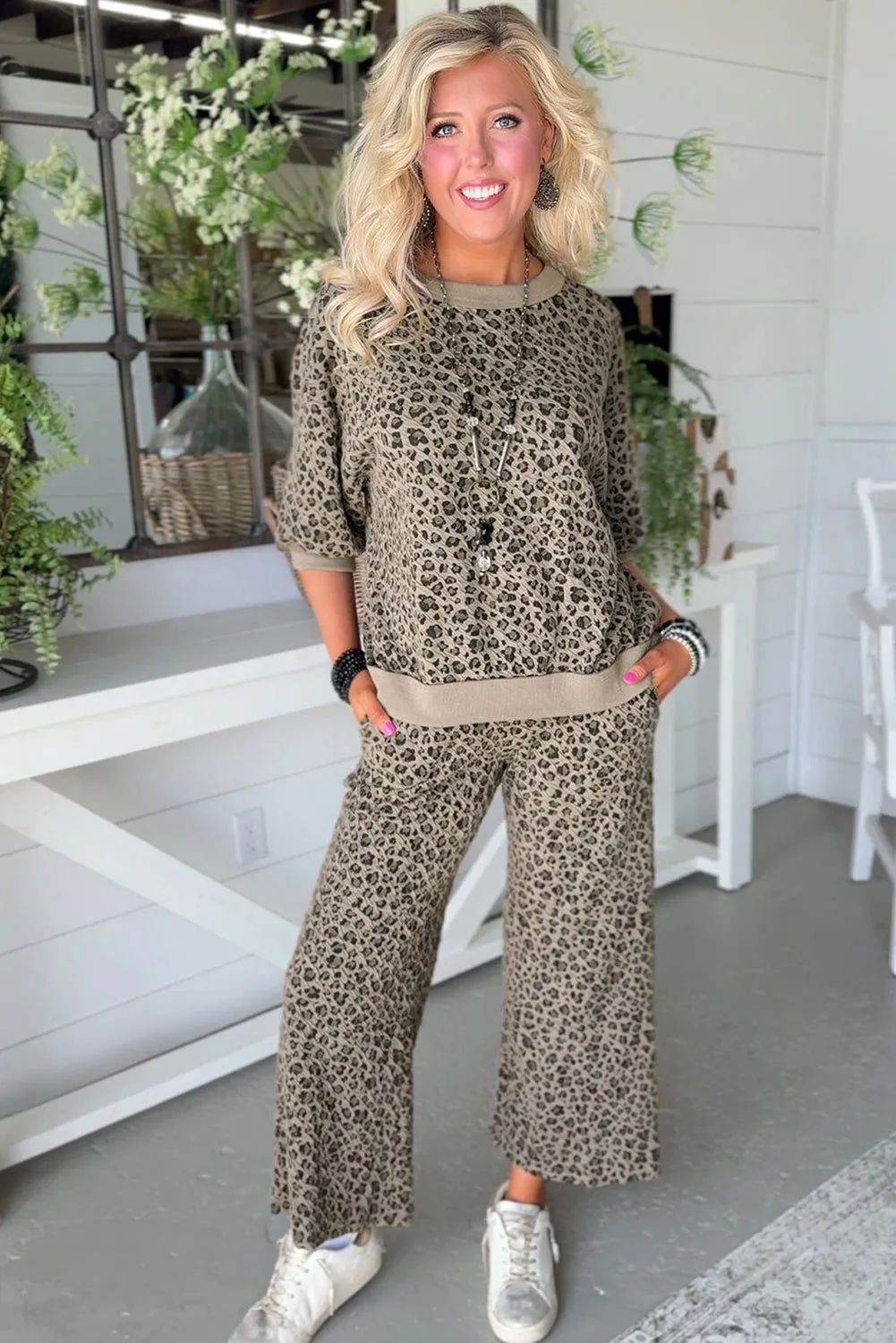 Khaki Jacquard Leopard Half Sleeve Jumper Wide Leg Pant Set sold by Beagle Boutique product image thumbnail 4