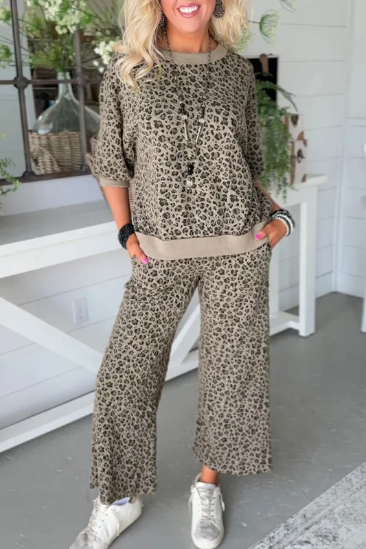 Khaki Jacquard Leopard Half Sleeve Jumper Wide Leg Pant Set made by Beagle Boutique