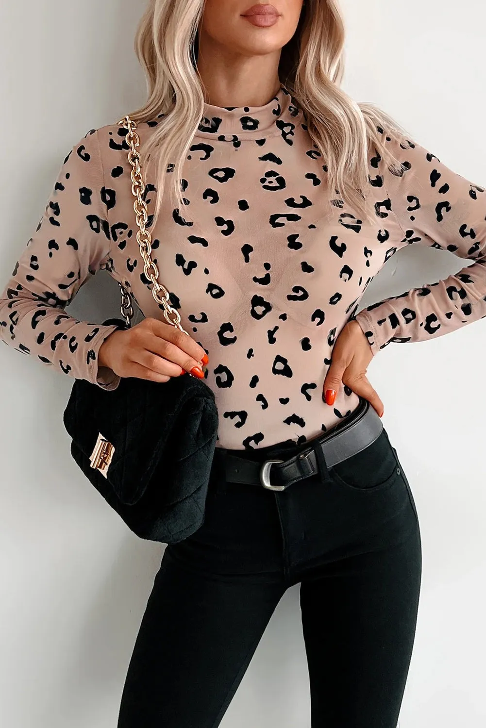Khaki Mock Neck Sheer Mesh Leopard Long Sleeve Bodysuit sold by Beagle Boutique product image thumbnail 2