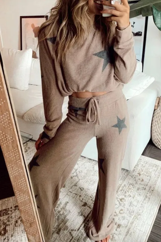 Khaki Retro Star Print Long Sleeve Drawstring Lounge Set made by Beagle Boutique