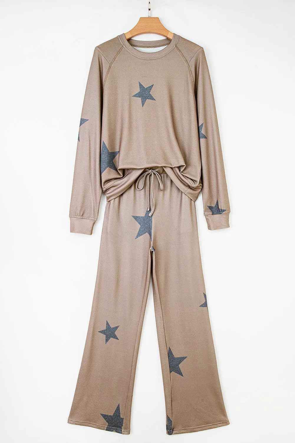 Khaki Retro Star Print Long Sleeve Drawstring Lounge Set sold by Beagle Boutique product image thumbnail 3
