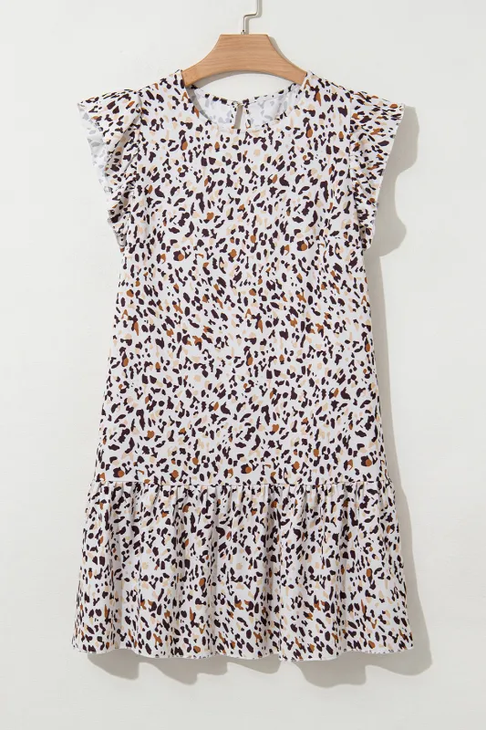 Khaki Leopard Ruffled Flutter Sleeve Keyhole Back Mini Dress made by Beagle Boutique