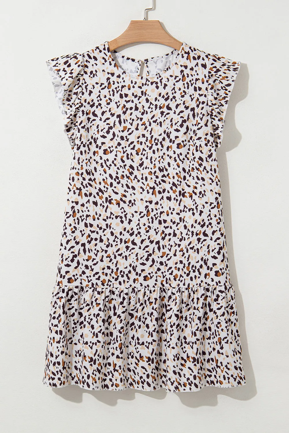 Khaki Leopard Ruffled Flutter Sleeve Keyhole Back Mini Dress sold by Beagle Boutique