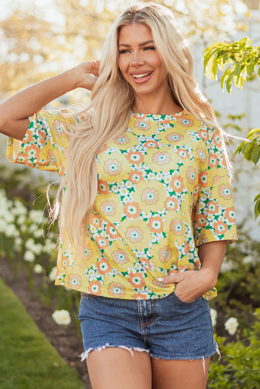 Flower Print Drop Shoulder Loose T-Shirt – Yellow sold by Beagle Boutique product image thumbnail 3