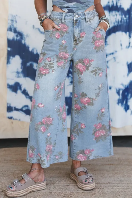 Floral Print Bootcut Jeans – Sky Blue Denim made by eAura