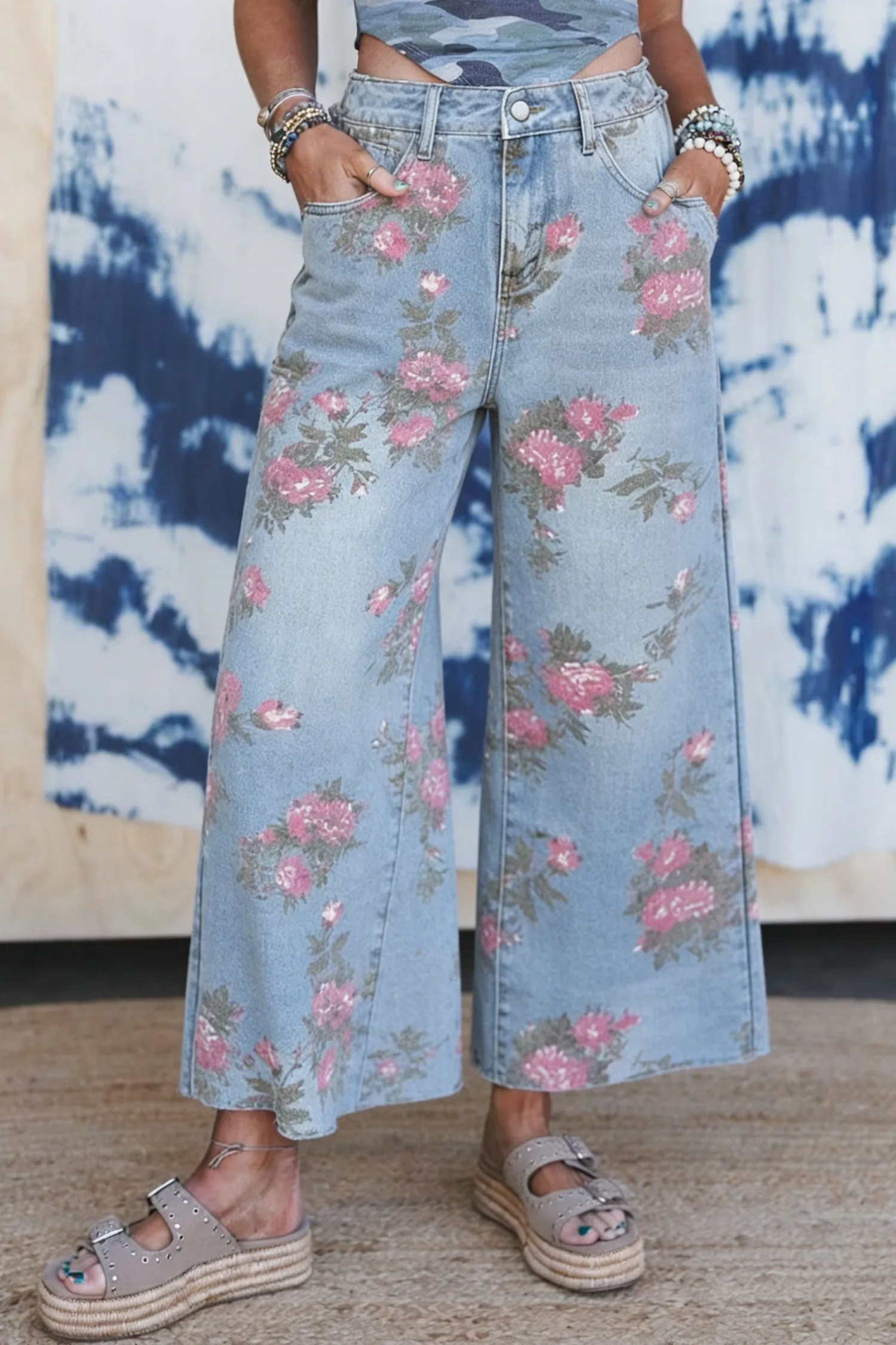 Floral Print Bootcut Jeans – Sky Blue Denim sold by Beagle Boutique