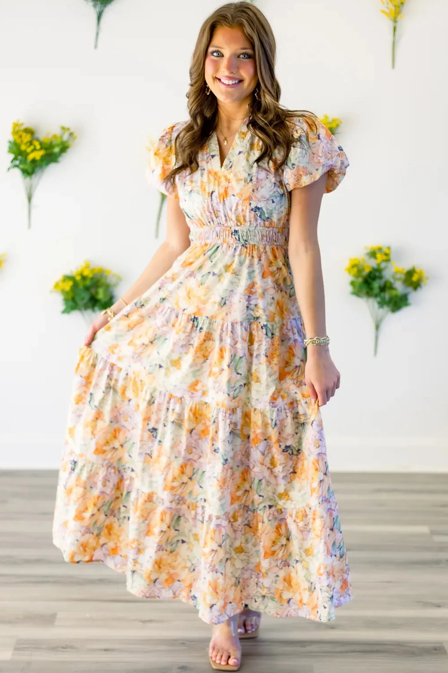 Floral Bubble Sleeve V-Neck Flared Maxi Dress sold by Beagle Boutique product image thumbnail 3