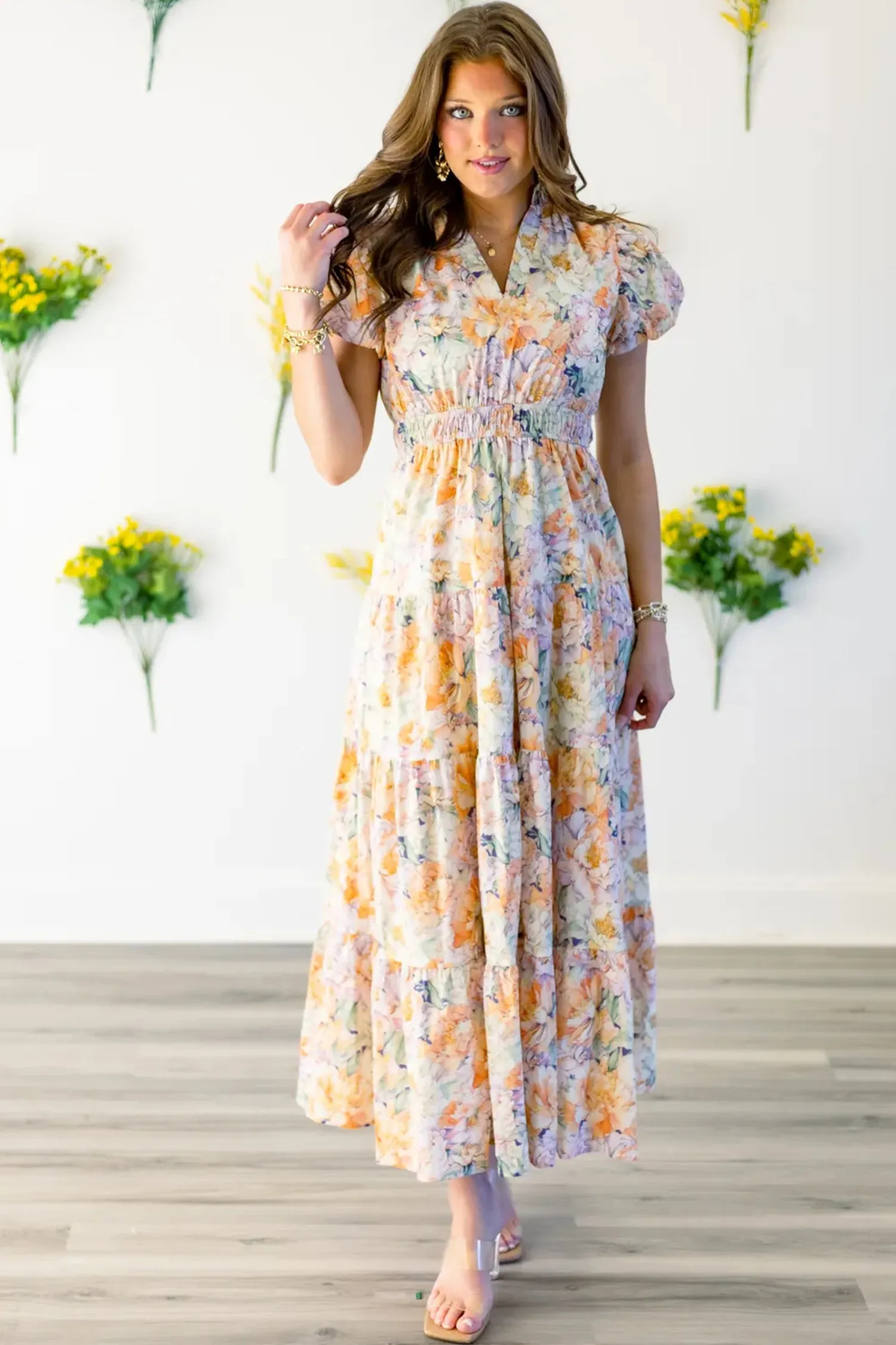 Floral Bubble Sleeve V-Neck Flared Maxi Dress sold by Beagle Boutique product image thumbnail 4