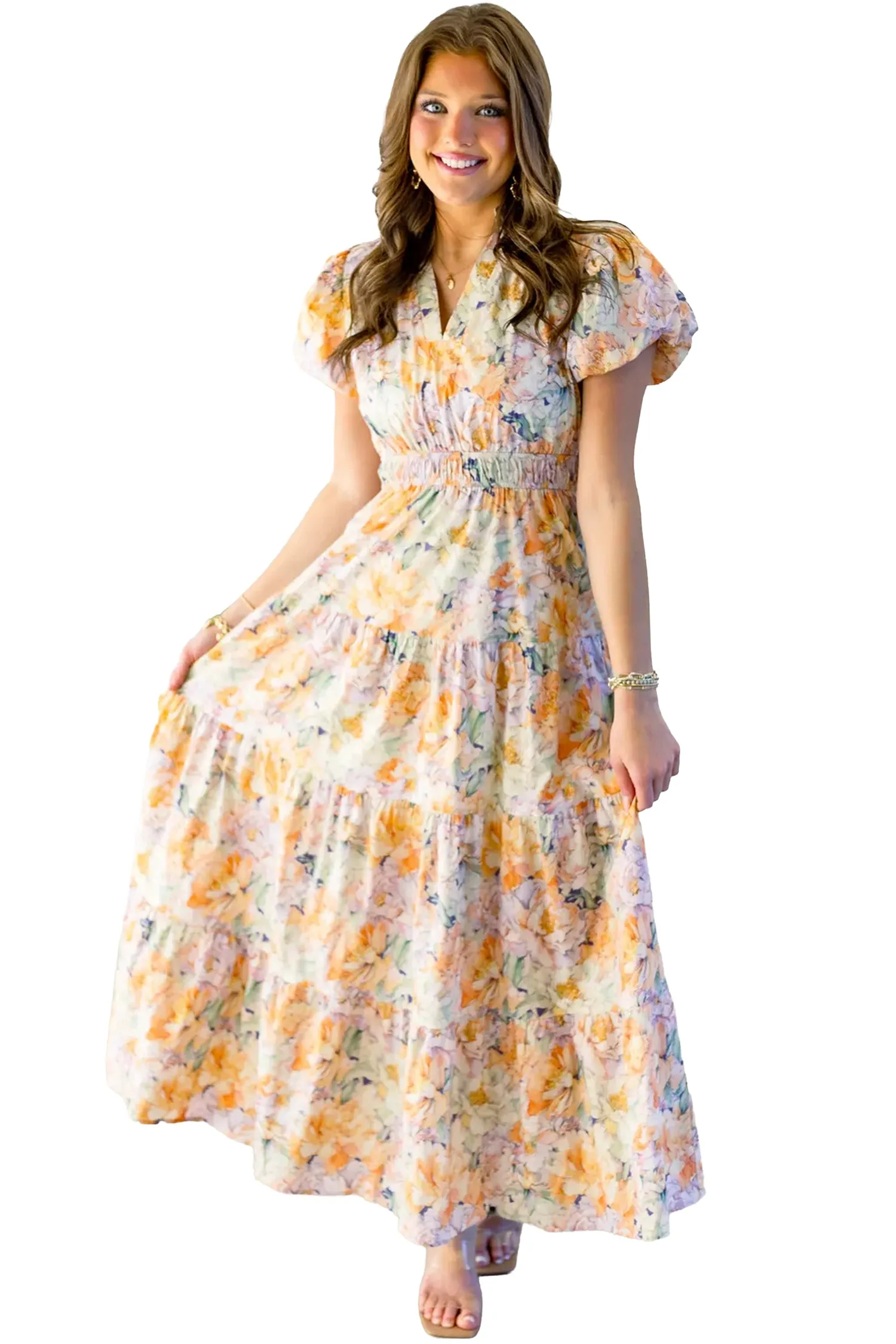 Floral Bubble Sleeve V-Neck Flared Maxi Dress sold by Beagle Boutique product image thumbnail 5