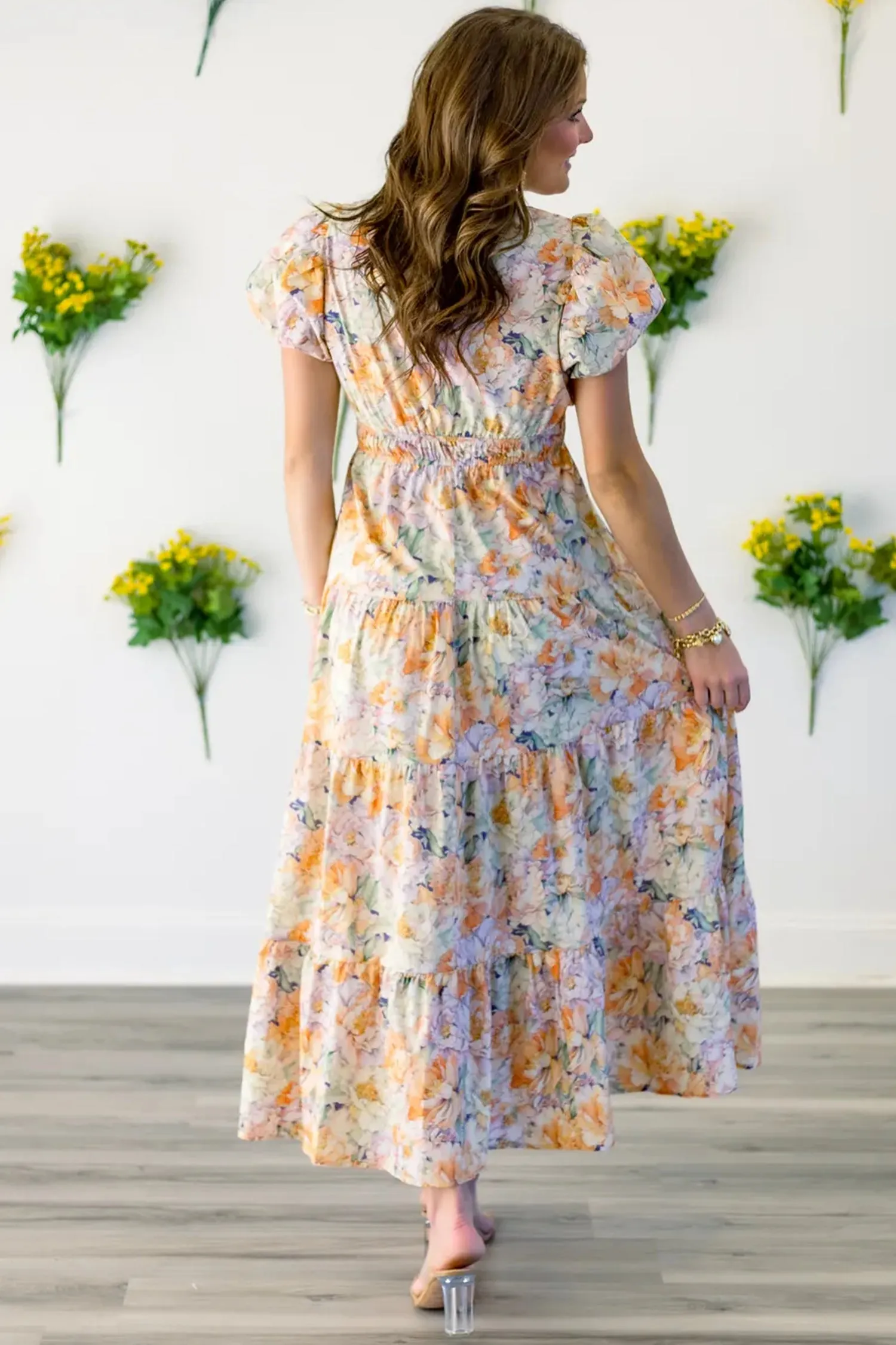 Floral Bubble Sleeve V-Neck Flared Maxi Dress sold by Beagle Boutique product image thumbnail 2