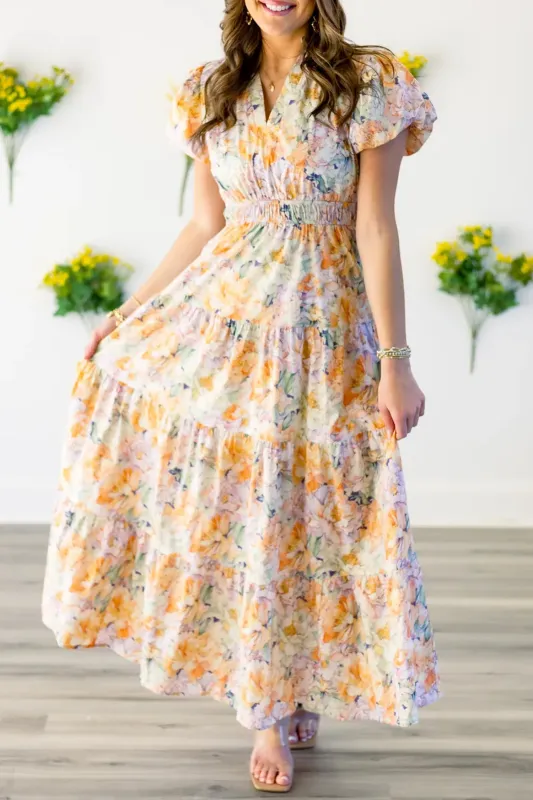 Floral Bubble Sleeve V-Neck Flared Maxi Dress made by eAura