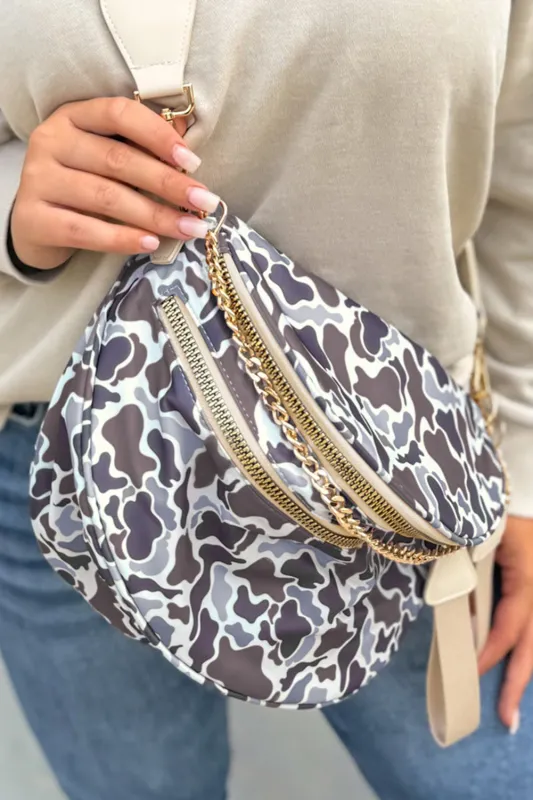 Camouflage Print Double Zipper Crossbody Bag – White made by eAura