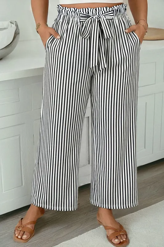 Plus Size Black Stripe Wide Leg Pants – Ruffle Bow Waist made by Beagle Boutique
