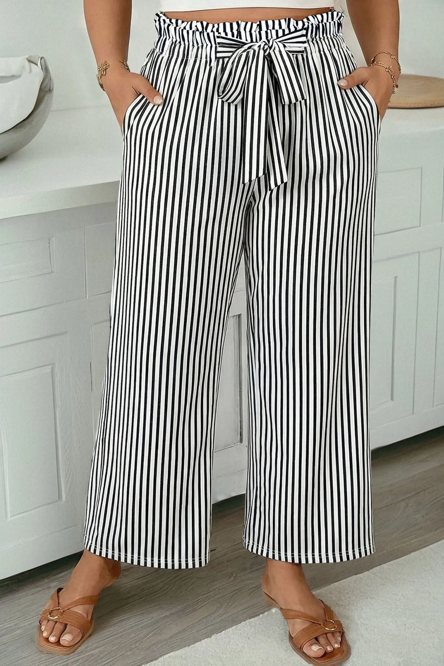 Plus Size Black Stripe Wide Leg Pants – Ruffle Bow Waist sold by Beagle Boutique