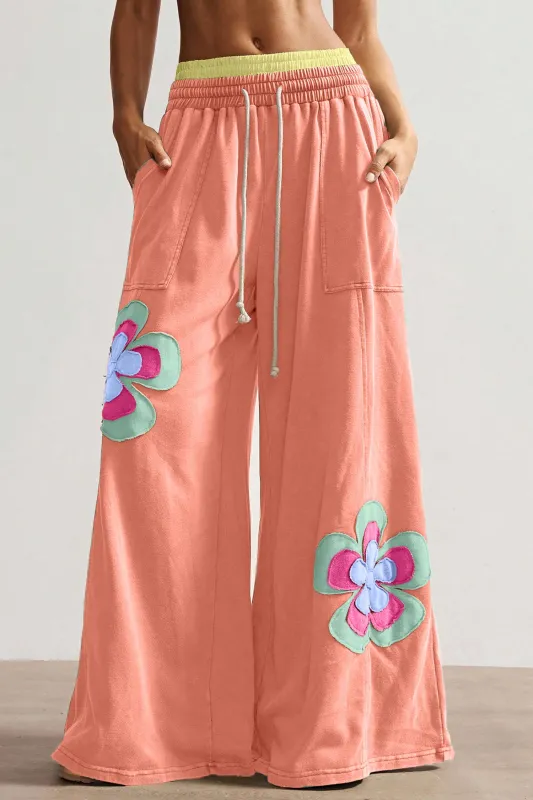 Orange Floral Patchwork Wide Leg Pants – Boho Drawstring made by eAura