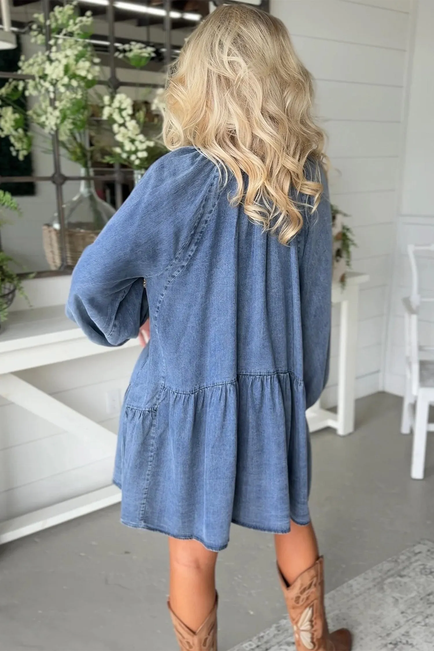 Puff Sleeve V-Neck Ruffled Loose Denim Mini Dress – Blue sold by Beagle Boutique product image thumbnail 2