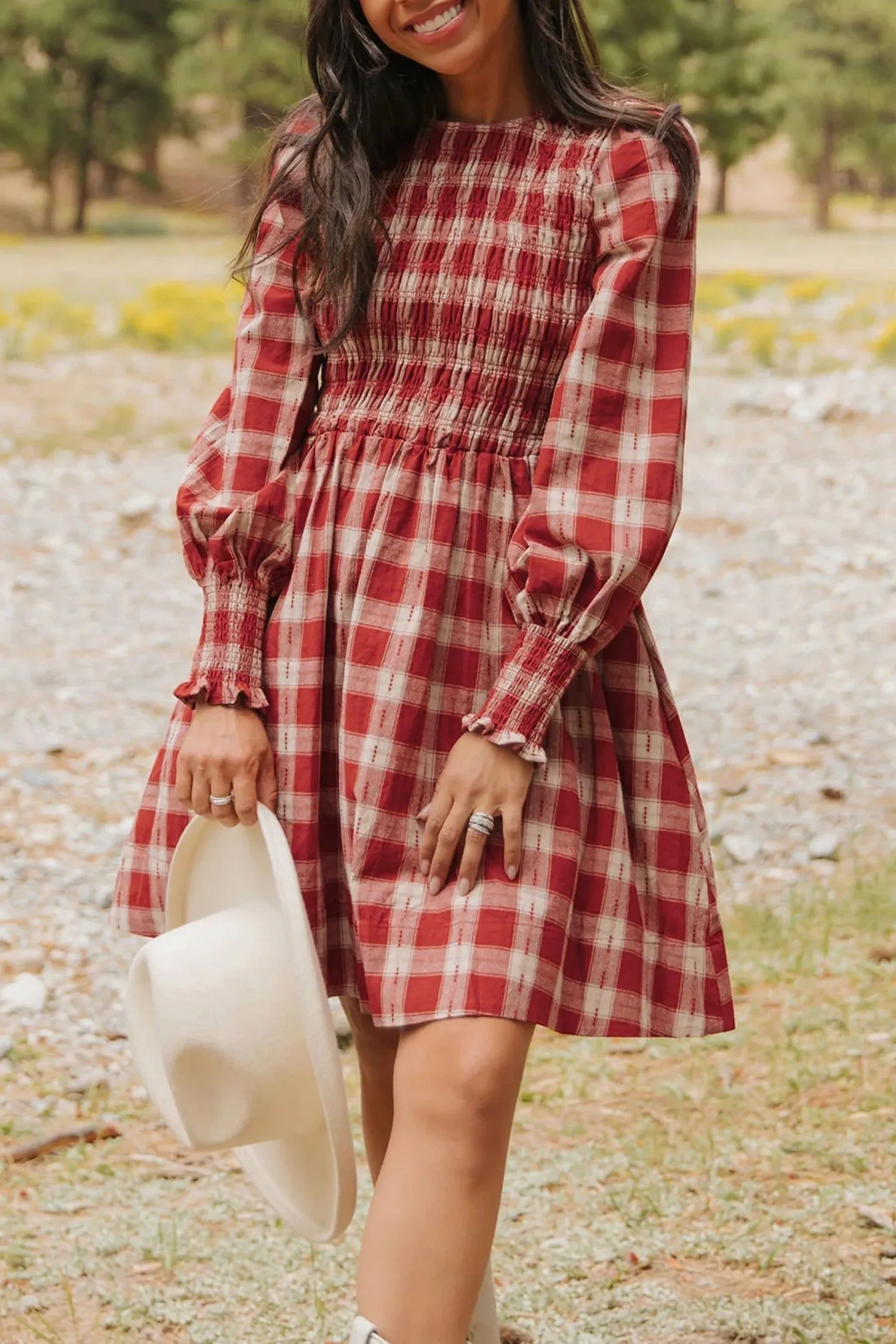 Plaid Print Smocked Puff Sleeve Mini Dress – Red sold by Beagle Boutique