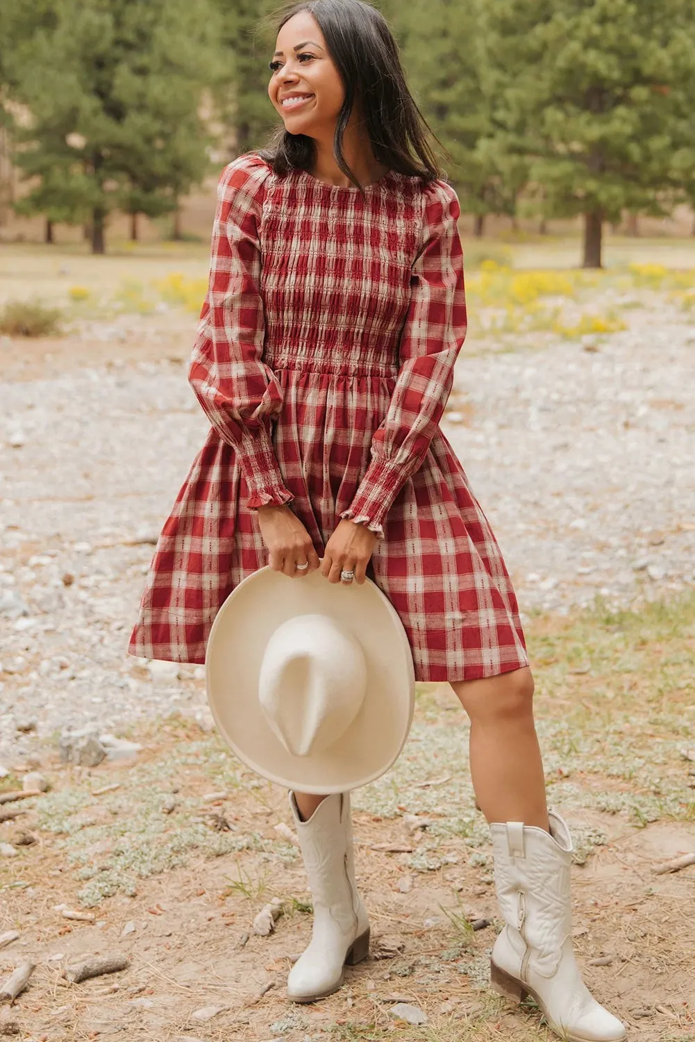 Plaid Print Smocked Puff Sleeve Mini Dress – Red sold by Beagle Boutique product image thumbnail 3