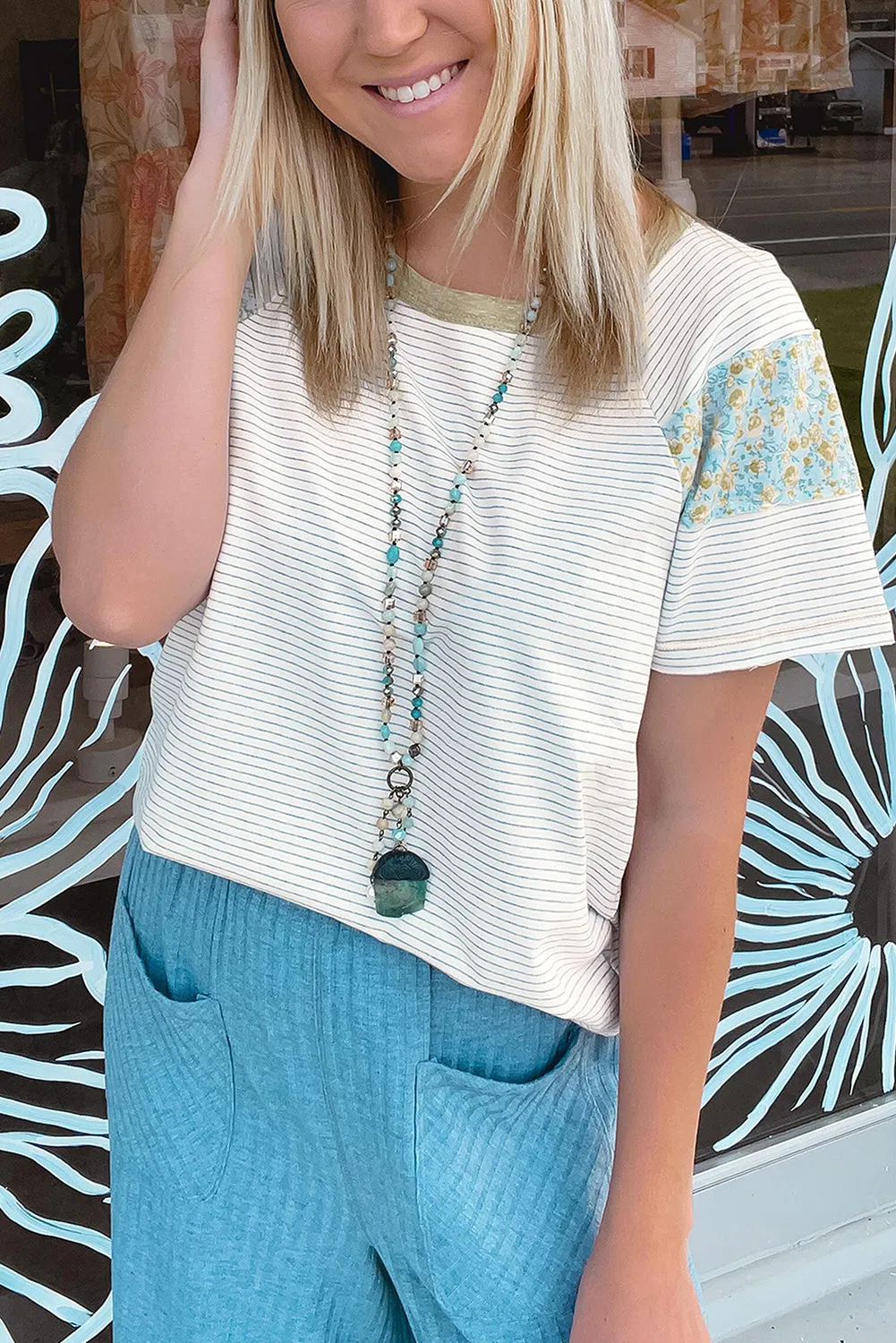 White Stripe Floral Sleeve Round Neck Tee sold by Beagle Boutique product image thumbnail 5